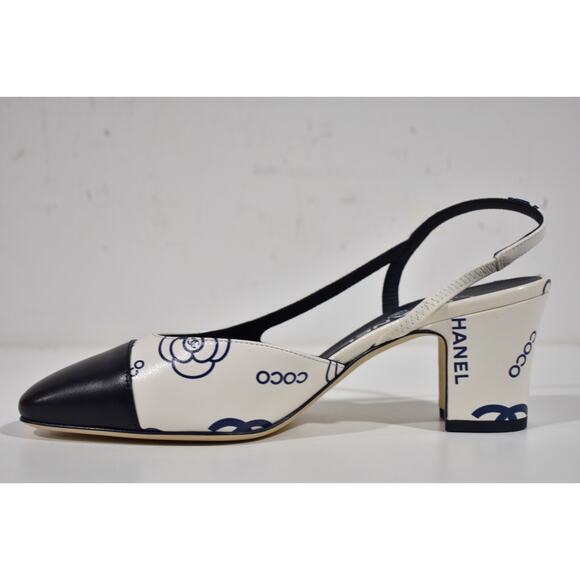Chanel 23P Mademoiselle Coco Sling White Blue CC Logo Slingback Sandal Heel 40 - Picture 7 of 10